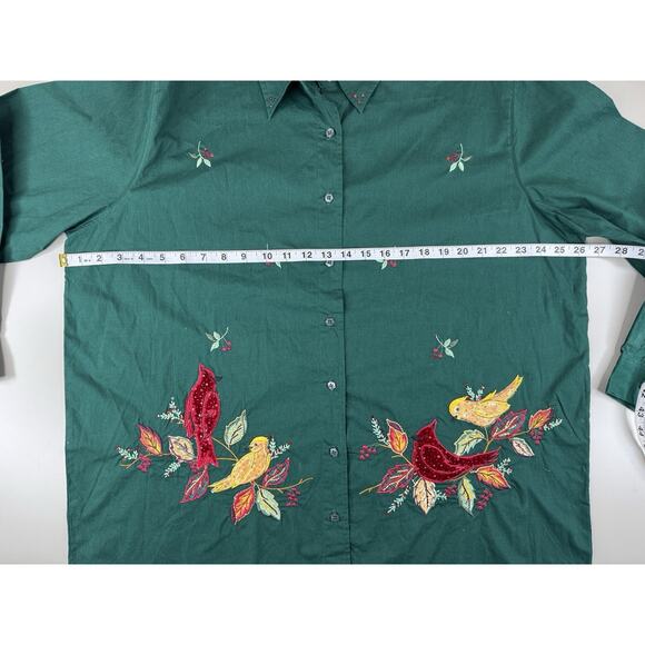 Bobbie Brooks Woman Embroidered Cardinals Button Up Shirt 18W/20W Green Birds - Picture 5 of 10